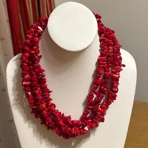 Elegant Red Coral Beaded 4 Strand Necklace
